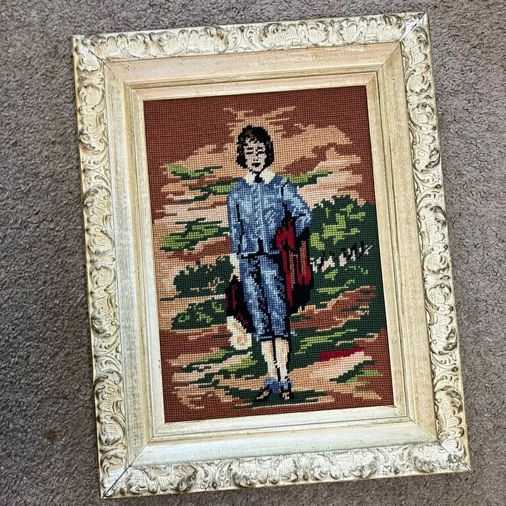 Blue Boy & Pinky Lady Completed Cross Stitch Needlepoint Wooden Frames Vintage